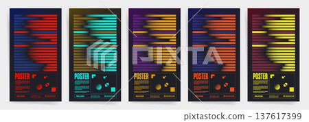 Futuristic Glitch Poster Template Set. Neon Abstract Vector Covers with Striped Distortion and Techno Gradient Shapes Futuristic Glitch Poster Template Set. Neon Abstract Vector Covers with Striped Distortion and Techno Gradient Shapes 137617399