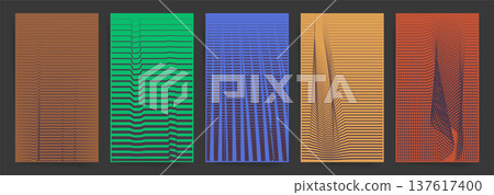 Abstract Line Distortion Poster Set. Minimal Vector Background Collection with Optical Stripes and Wavy Geometric Forms Abstract Line Distortion Poster Set. Minimal Vector Background Collection with Optical Stripes and Wavy Geometric Forms 137617400