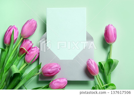 Pink tulips with blank card. Spring Floral Mockup for Greeting Cards or Invitation. Pink tulips with blank card. Spring Floral Mockup for Greeting Cards or Invitation. 137617506