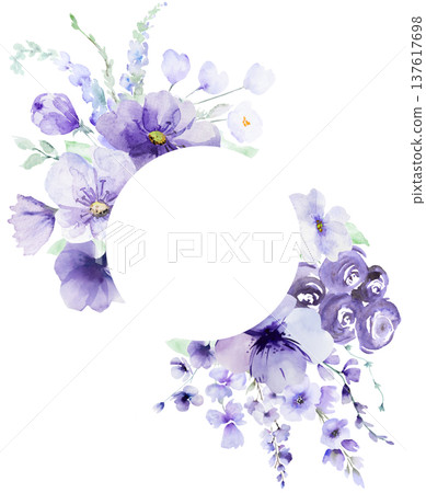 Round frame with watercolor light purple flowers, botanical border isolated illustration 137617698