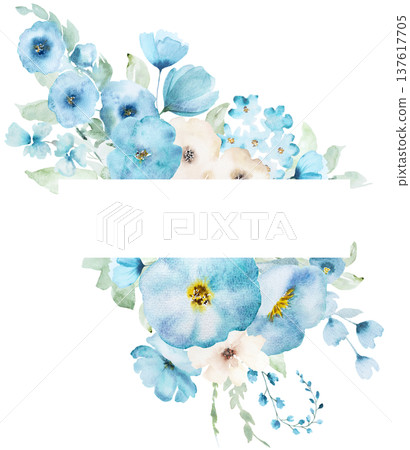 Watercolor floral frame with turquoise flowers, botanical element for wedding stationery Watercolor floral frame with turquoise flowers, botanical element for wedding stationery 137617705
