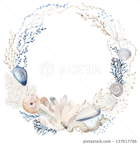 Watercolor frame with pastel seashells and plants, illustration for coastal wedding stationery Watercolor frame with pastel seashells and plants, illustration for coastal wedding stationery 137617706