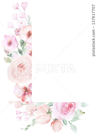 Watercolor floral corner frame with light pink flowers, botanical element for wedding stationery 137617707