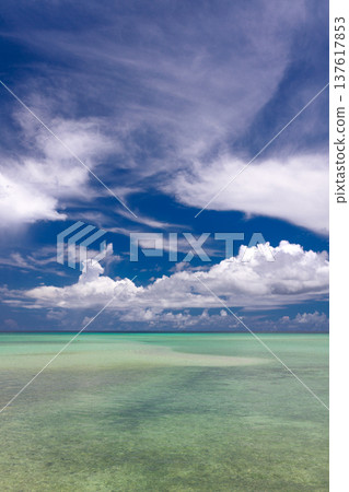 A tropical landscape of clear shallow waters under blue skies and clouds A tropical landscape of clear shallow waters under blue skies and clouds 137617853