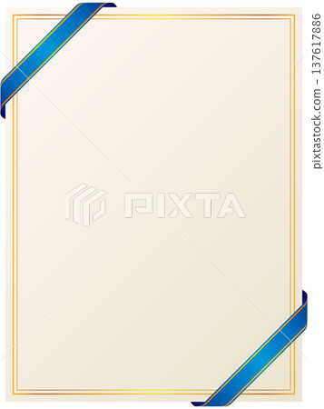 Illustration of a diagonal gold-lined ribbon and vertical card frame (blue) 137617886