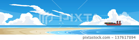 Horizontal or Landscape view transport of container ships ocean trajectory. Vast sandy beaches and the vast ocean. with bird in the center under blue sky and white clouds. 137617894