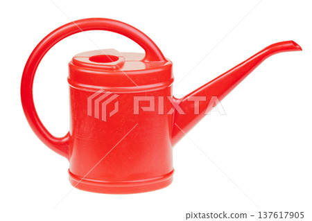Red plastic watering can isolated on white background Red plastic watering can isolated on white background 137617905