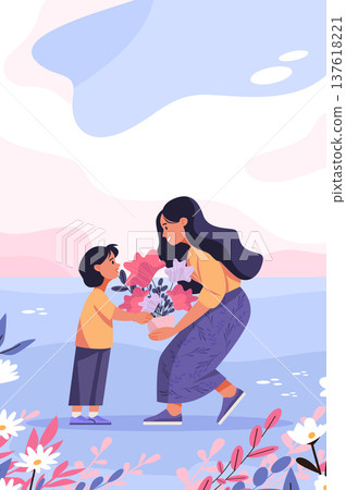 Mother's Day mom receiving flowers from child outdoor scene floral nature pastel colors full length characters greeting card template Mother's Day mom receiving flowers from child outdoor scene floral nature pastel colors full length characters greeting card template 137618221