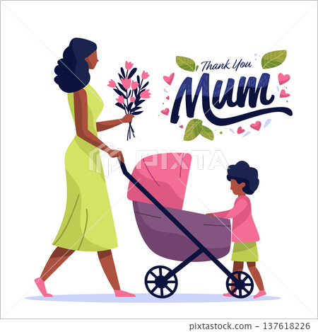 Mother's Day mom with bouquet stroller child hearts leaves celebration family love modern flat design isolated on white Mother's Day mom with bouquet stroller child hearts leaves celebration family love modern flat design isolated on white 137618226