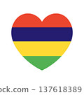 Mauritius flag icon in heart shape. Heart shaped national flag of Mauritius badge. Flag of Mauritius button, sticker. Flag backdrop, banner. 137618389