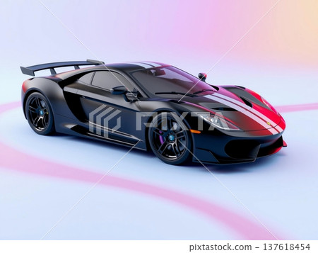 Sleek Black Sports Car with Racing Stripe and Spoiler 137618454