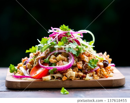 Colorful Middle Eastern Bulgur Salad with Fresh Herbs and Vegetables 137618455