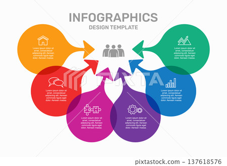 Colorful circular infographic with upward arrows, icons, and text sections for business or data presentation. Vector illustration. Colorful circular infographic with upward arrows, icons, and text sections for business or data presentation. Vector illustration. 137618576