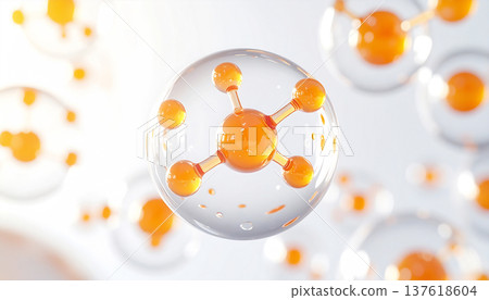 透明膠囊的3D影像，膠囊內含有美容成分分子、保養品和美容精華液。 137618604