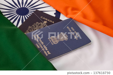 View of Overseas Citizen of India Card with Canadian passport on Indian flag background. 137618730