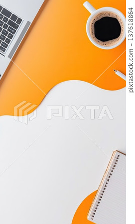 Top Down View Of Laptop Coffee And Notebook On Orange And White Background For Work From Home Concept Top Down View Of Laptop Coffee And Notebook On Orange And White Background For Work From Home Concept 137618864