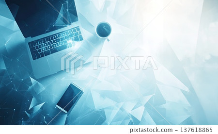 Top-Down View Of Workspace With Laptop Smartphone And Coffee Cup In Abstract Blue Geometric Design 137618865