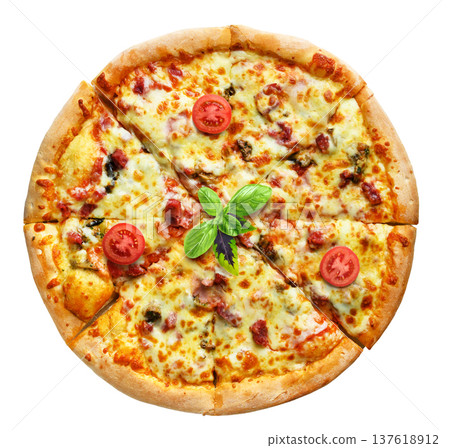 Hot supreme pizza on a white background flat lay. Hot supreme pizza on a white background flat lay. 137618912