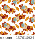 Seamless pattern with simple flowers, autumn leaves in a flat style. Watercolor, pastel. Red, orange, yellow, blue, beige. Design element for products 137618924
