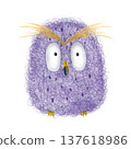 Owl is purple. Cartoon character. Watercolor, pastel, pencil. Cute, delicate illustration in a simple, flat style. Isolated. A design element 137618986