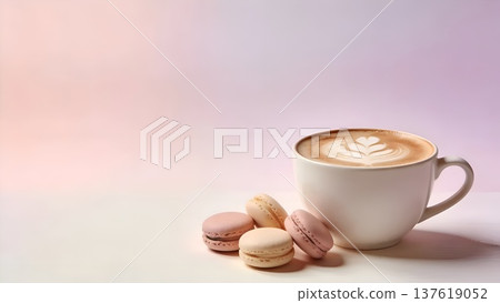 Cafe latte and macaroons on a pastel gradient background with copy space Cafe latte and macaroons on a pastel gradient background with copy space 137619052