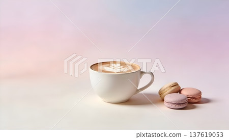 Cafe latte and macaroons on a pastel gradient background Cafe latte and macaroons on a pastel gradient background 137619053
