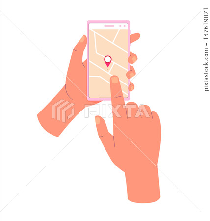 Hands holding smartphone with a location red pin on the map. Interactive map application. GPS navigation concept Hands holding smartphone with a location red pin on the map. Interactive map application. GPS navigation concept 137619071