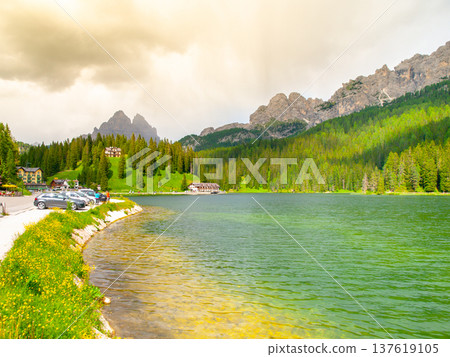 Tre Cime di Lavaredo Mountain. View from Misurina Lake, Dolomites, Italy. Tre Cime di Lavaredo Mountain. View from Misurina Lake, Dolomites, Italy. 137619105