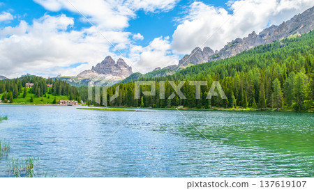 Tre Cime di Lavaredo Mountain. View from Misurina Lake, Dolomites, Italy. Tre Cime di Lavaredo Mountain. View from Misurina Lake, Dolomites, Italy. 137619107
