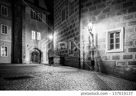 Medieval houses and old drinking fountain in Golden Lane by night, Prague Castle, Czech Republic. Black and white image. Medieval houses and old drinking fountain in Golden Lane by night, Prague Castle, Czech Republic. Black and white image. 137619137