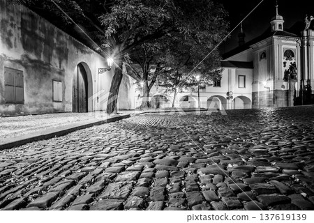 Narrow cobbled street in old medieval town with illuminated houses by vintage street lamps, Novy svet, Prague, Czech Republic. Night shot. Black and white image. Narrow cobbled street in old medieval town with illuminated houses by vintage street lamps, Novy svet, Prague, Czech Republic. Night shot. Black and white image. 137619139