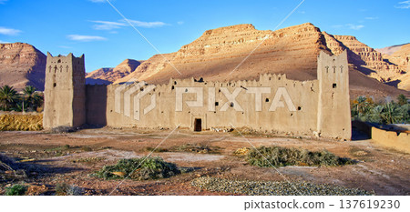 Ancient kasbah architecture standing in oasis ferkla landscape Ancient kasbah architecture standing in oasis ferkla landscape 137619230