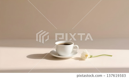 米色背景上的咖啡杯和一朵白色小花,留有文字空間。 米色背景上的咖啡杯和一朵白色小花,留有文字空間。 137619383