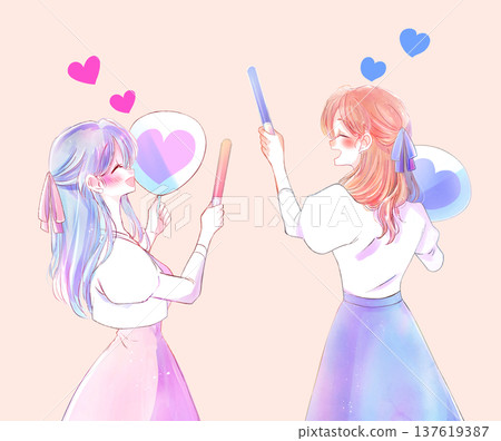 Two women holding fans and glow sticks, ribbons Two women holding fans and glow sticks, ribbons 137619387