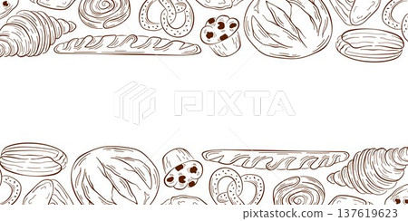 Border with line art style bakery product, bread, croissant, baguette and pretzel. Illustration background for bakery package, menu, wallpaper and cafe design. 137619623