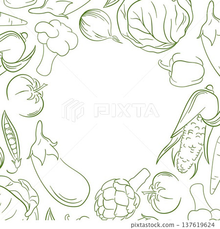Border with line art style vegetable arranged in circle composition. Illustration background for healthy food menu, organic store packaging and market design. 137619624
