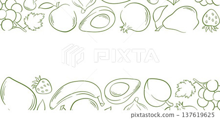 Fruit border with banana, avocado, grapes, strawberry, peach and pear in line art style. Illustration on white background for food package, menu, card, flyer and healthy design. 137619625