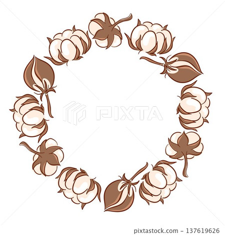 Wreath with cotton boll and leaf arranged in circle in flat style. Ideal for textile print, greeting card and wedding invitation. 137619626