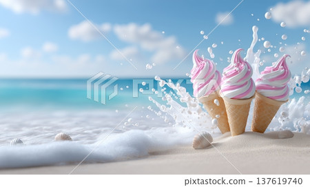 Four pink and white swirl ice cream cones on a sandy beach with ocean waves and blue sky. 137619740