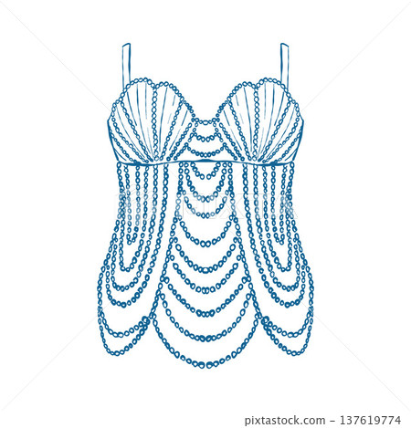 Womens vintage corset made of pearls and shells. A retro accessory for girls, a coastal-style garment in blue. Illustration for weddings and womens themes. Vector outline clipart Womens vintage corset made of pearls and shells. A retro accessory for girls, a coastal-style garment in blue. Illustration for weddings and womens themes. Vector outline clipart 137619774