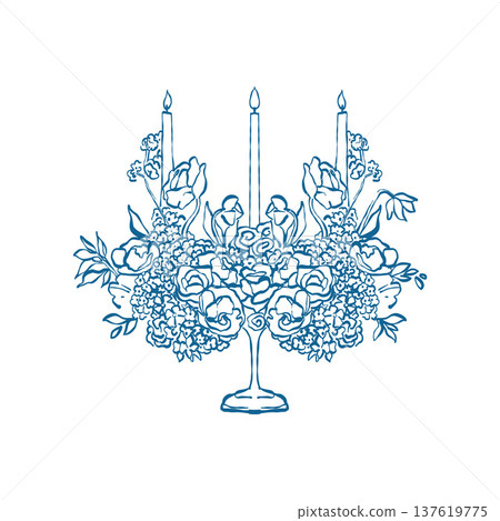 A hand-drawn vintage wedding candelabra with candles and flowers. Vector outline illustration of a festive antique candelabra in a retro sketch style in blue. 137619775