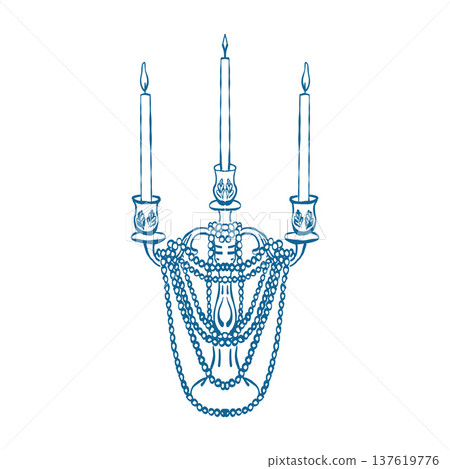 A hand-drawn vintage wedding candelabra with candles and blue pearl beads. Vector outline illustration of a festive antique candelabra in a retro sketch style. 137619776