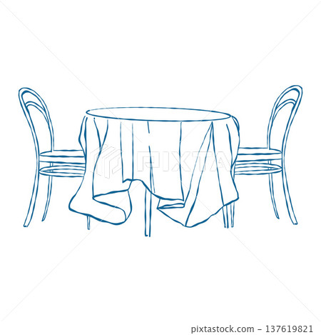 A whimsical, hand-drawn illustration of a dining set. A classic vintage round table with a tablecloth and two chairs. Romantic dinner. Vector outline illustration in blue A whimsical, hand-drawn illustration of a dining set. A classic vintage round table with a tablecloth and two chairs. Romantic dinner. Vector outline illustration in blue 137619821