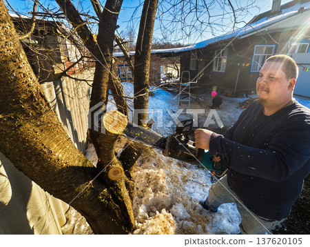 Adult man working outdoors using a power saw to trim tree limbs, creating sawdust and wood chips falling onto the snow-covered ground in a rural residential area. 137620105