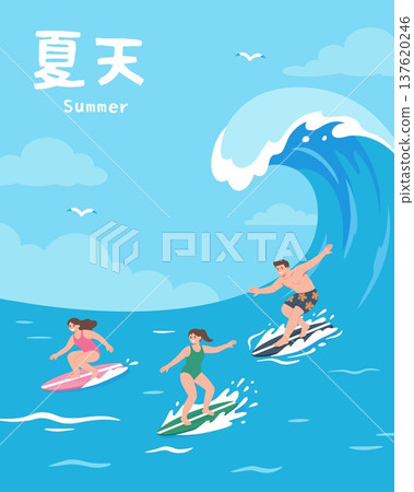Summer Surfing Lifestyle Illustration with Large Ocean Wave Summer Surfing Lifestyle Illustration with Large Ocean Wave 137620246