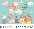 Cartoon Easter Set With Little Cartoon Angels, Ester Eggs and Flowers 137620248