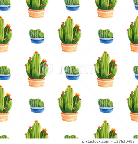 Seamless pattern with cacti in decorative pots. Watercolor illustration of houseplants for home and garden, decor, and fabric. Seamless pattern with cacti in decorative pots. Watercolor illustration of houseplants for home and garden, decor, and fabric. 137620492