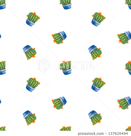 Seamless pattern with cacti. Watercolor illustration of houseplants in decorative blue pots. Seamless pattern with cacti. Watercolor illustration of houseplants in decorative blue pots. 137620494