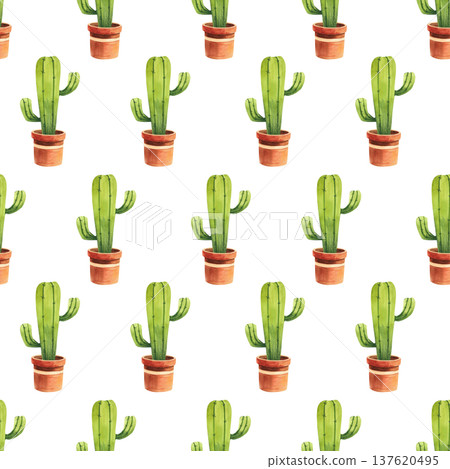 Seamless pattern with cacti in decorative brown pots. Hand drawn watercolor illustration of plants for home and garden, decor, and fabric. Seamless pattern with cacti in decorative brown pots. Hand drawn watercolor illustration of plants for home and garden, decor, and fabric. 137620495