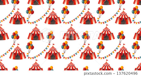 Seamless pattern with circus props. Children's illustration with balloons and festive garlands, hand drawn in watercolor. 137620496